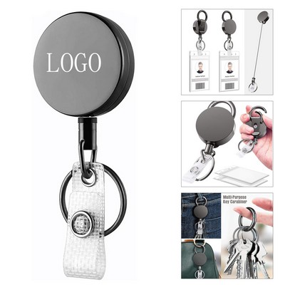 Round Retractable Badge Holder with Belt Clip and Key Ring for ID Cards & Keys